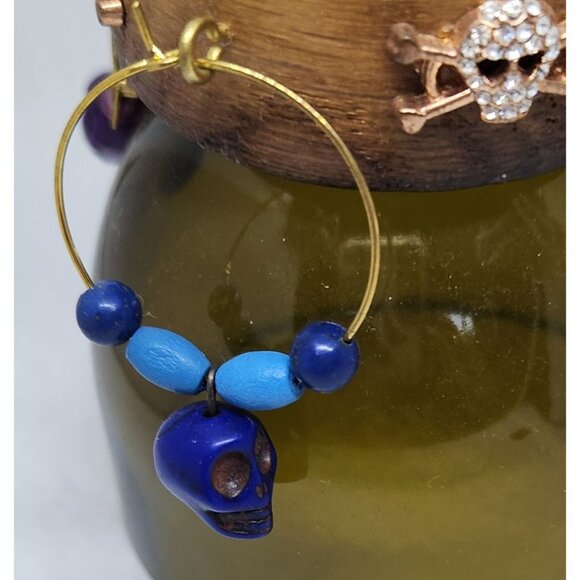 Colorful Skull-Themed Wine Glass Charms Set - 4 Unique Charms With Beads & Wood - Picture 8 of 15